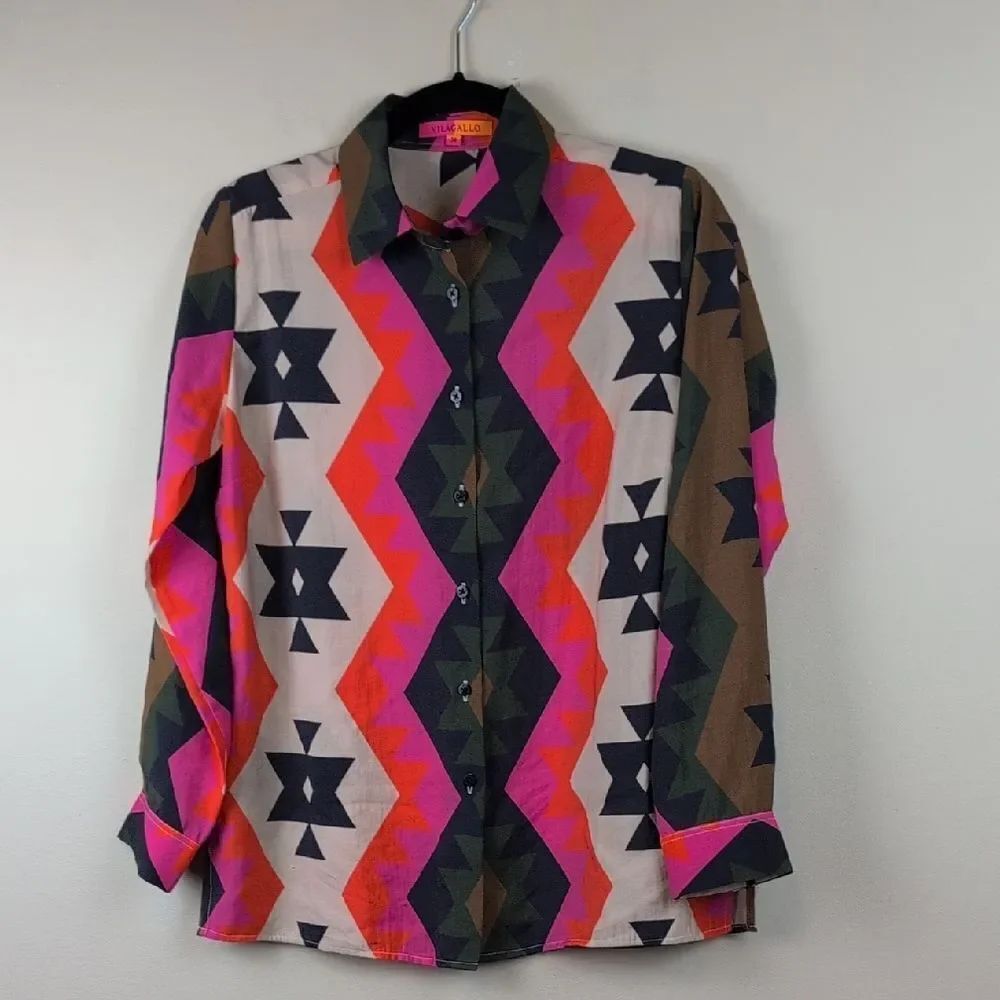 Villgallo Irina Southwestern Geometric Print Button Front Blouse Top Size EU38